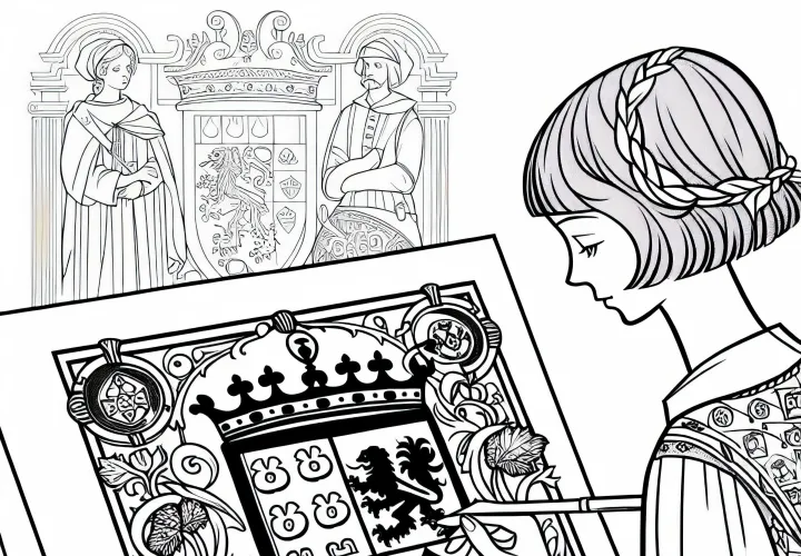 Девочка рисует герб – бесплатно раскраска для рыцарского ордена