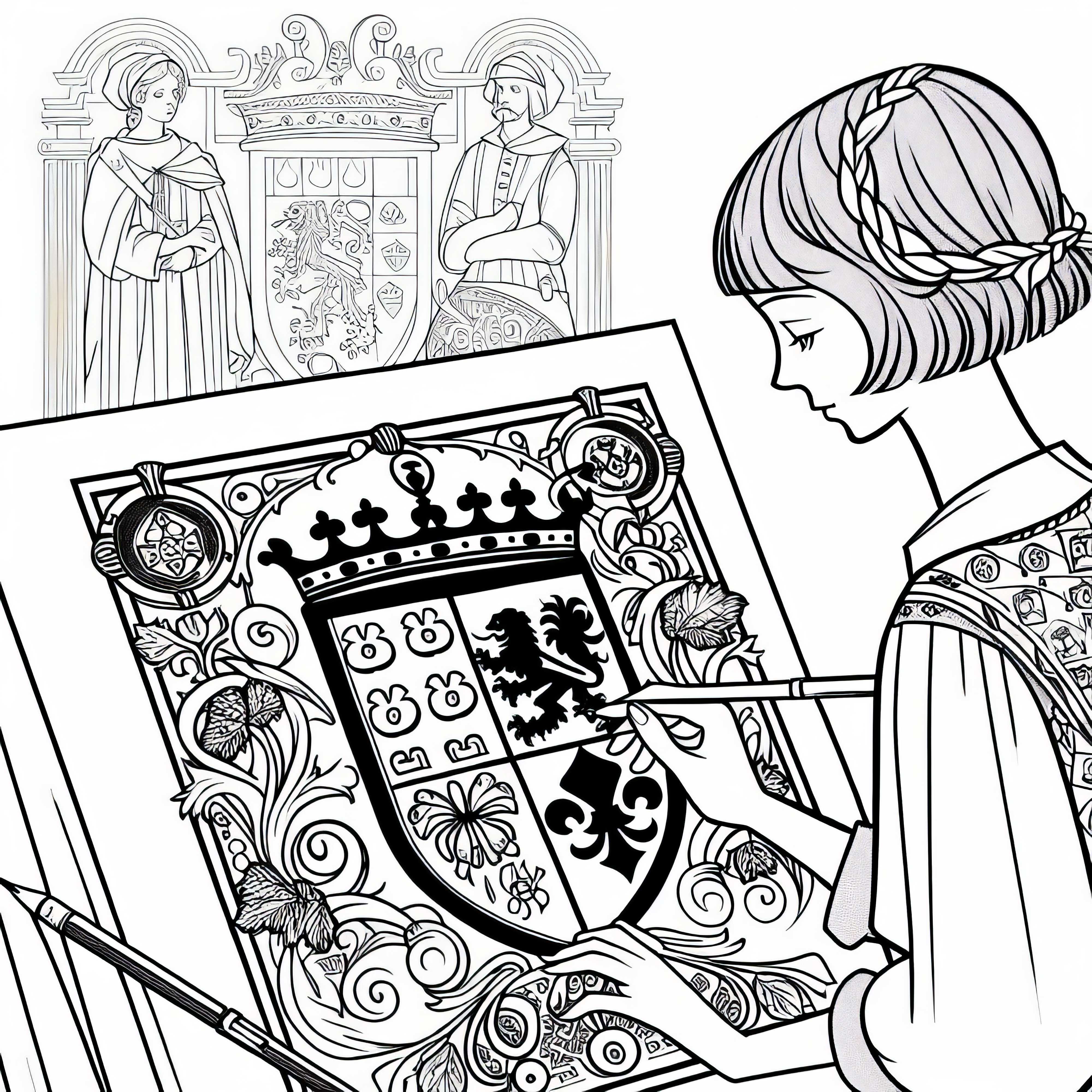 Момиче рисува герб – безплатна оцветяваща страница на рицарски орден Момиче рисува герб – Безплатен шаблон за рисуване на рицарски орден