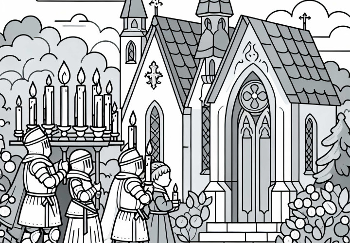 Църква с деца, които носят свещи – безплатно изтегляне на шаблон за оцветяване на рицарски орден