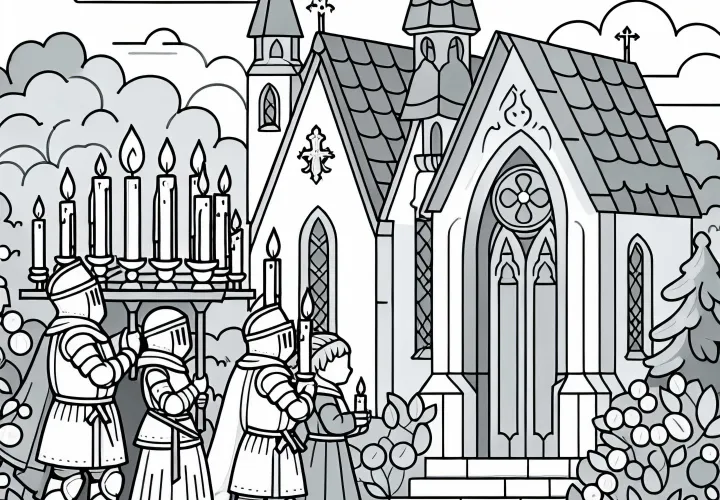 Церковь с детьми, которые несут свечи – бессрочная раскраска для рыцарского ордена