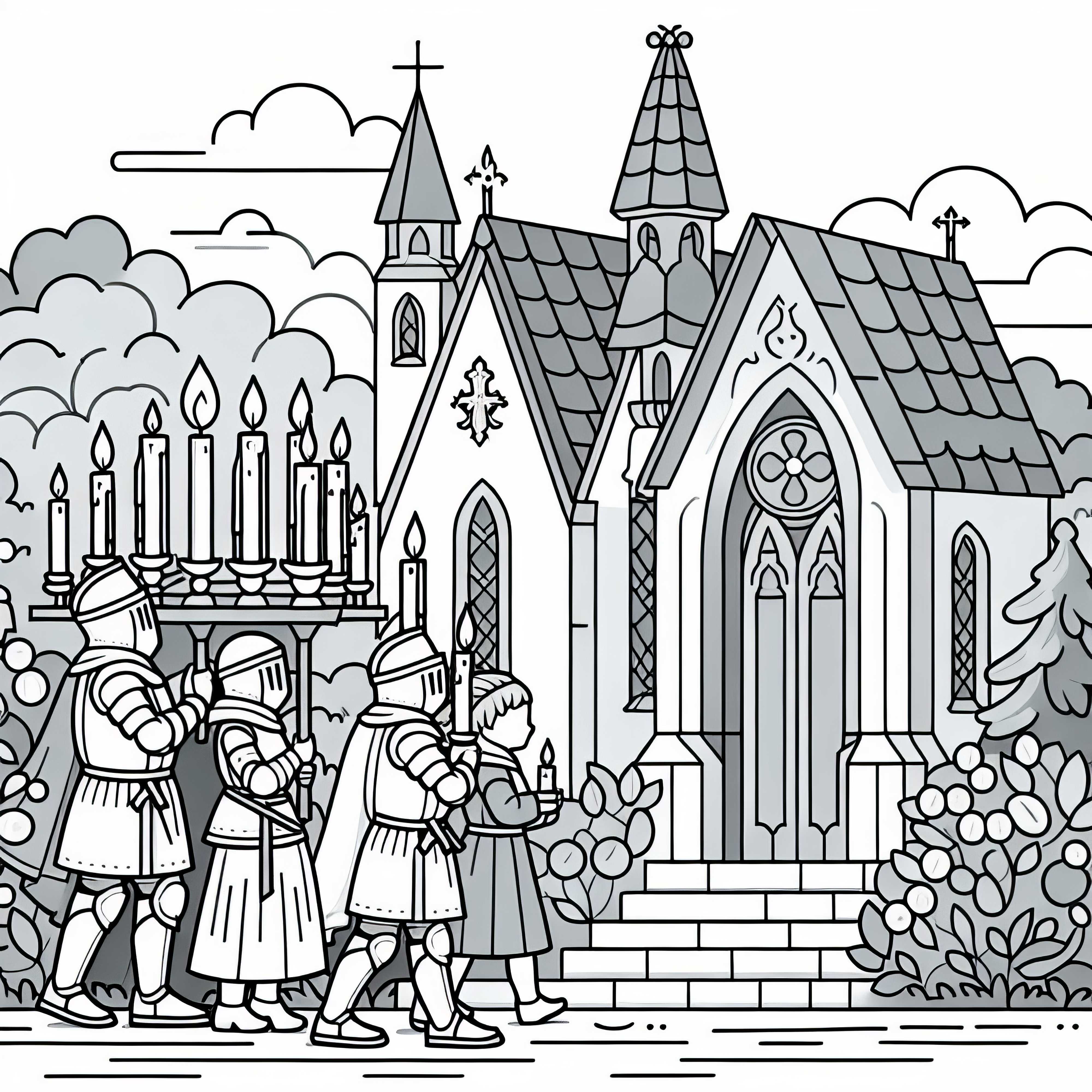 Църква с деца, носещи свещи - безплатно изтегляне на шаблон за рисуване за рицарски орден Църква с деца, които носят свещи – Безплатно изтегляне на шаблон за рисуване за рицарския орден