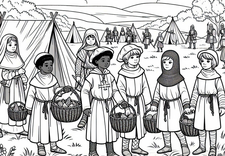 Децата носят малки кошници с хляб към складово място – Оцветяваща снимка на рицарски орден безплатно
