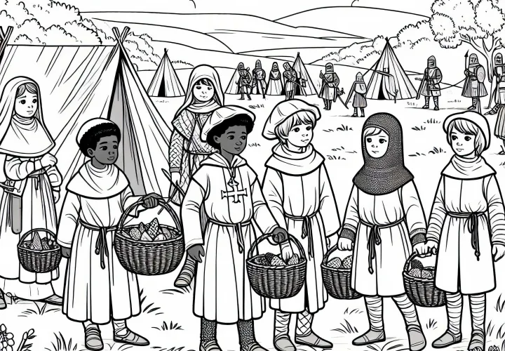 Дети несут маленькие корзины с хлебом к месту хранения – Раскраска рыцарского ордена бесплатно