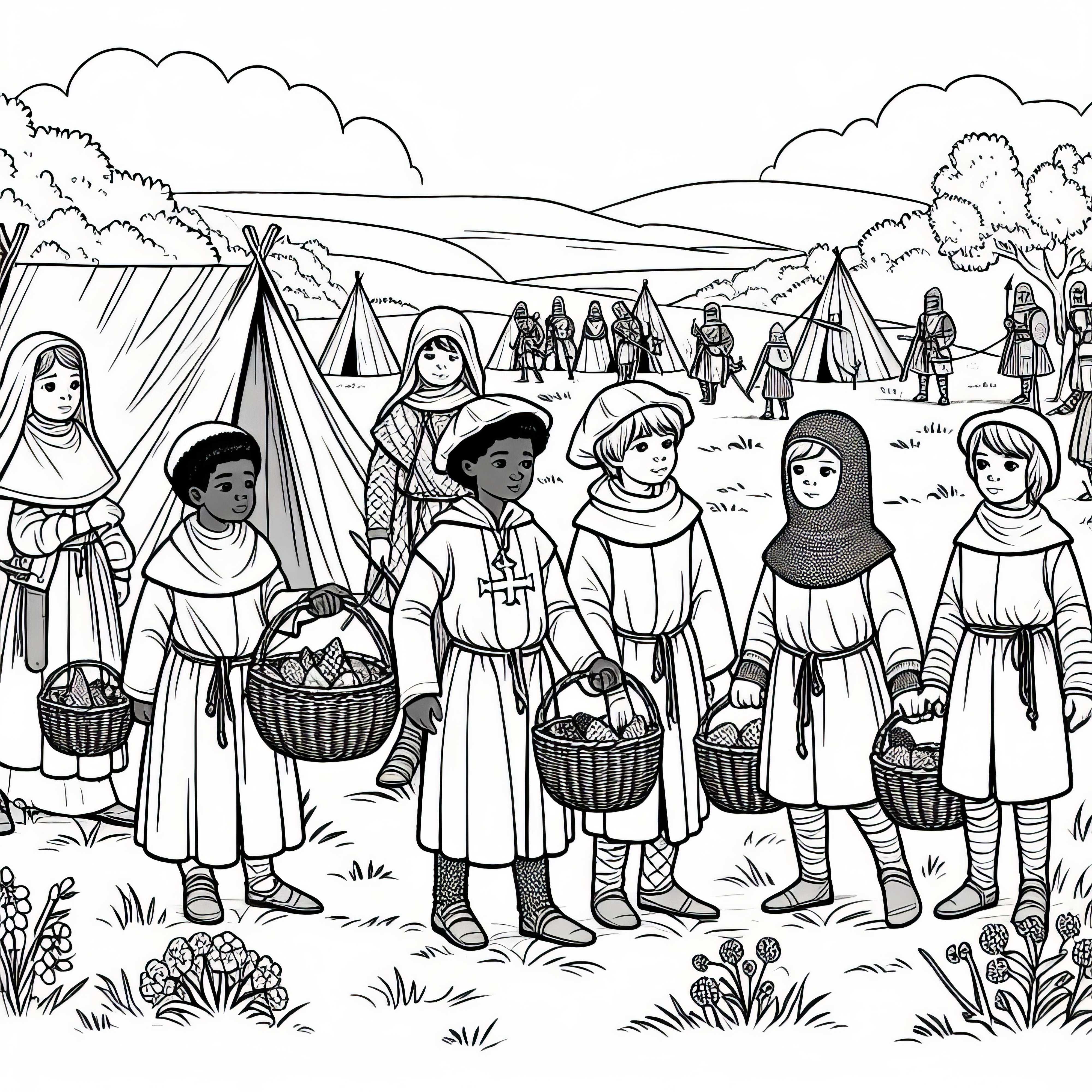 Децата носят малки кошници с хляб до лагерното място – Оцветяваща страница на рицарския орден безплатно Децата носят малки кошници с хляб към лагерния площад - оцветяваща картина на рицарски орден безплатно