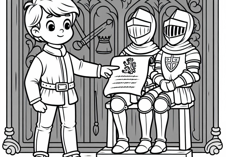 Момче с пергамент на рицарски орден – безплатен шаблон за оцветяване