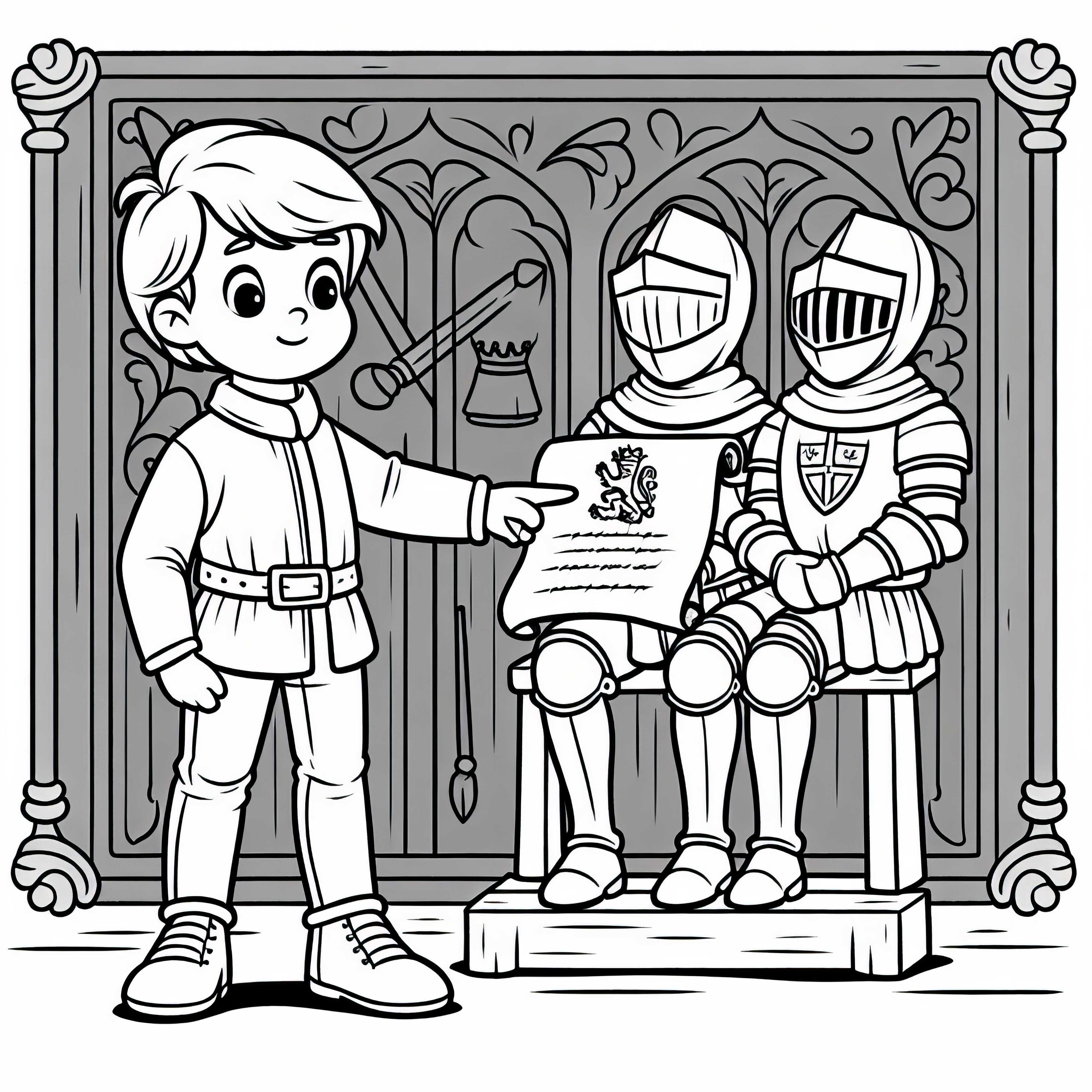 Момче с пергамент на рицарски орден - безплатен шаблон за оцветяване Момче с пергамент от рицарски орден – безплатен шаблон за оцветяване