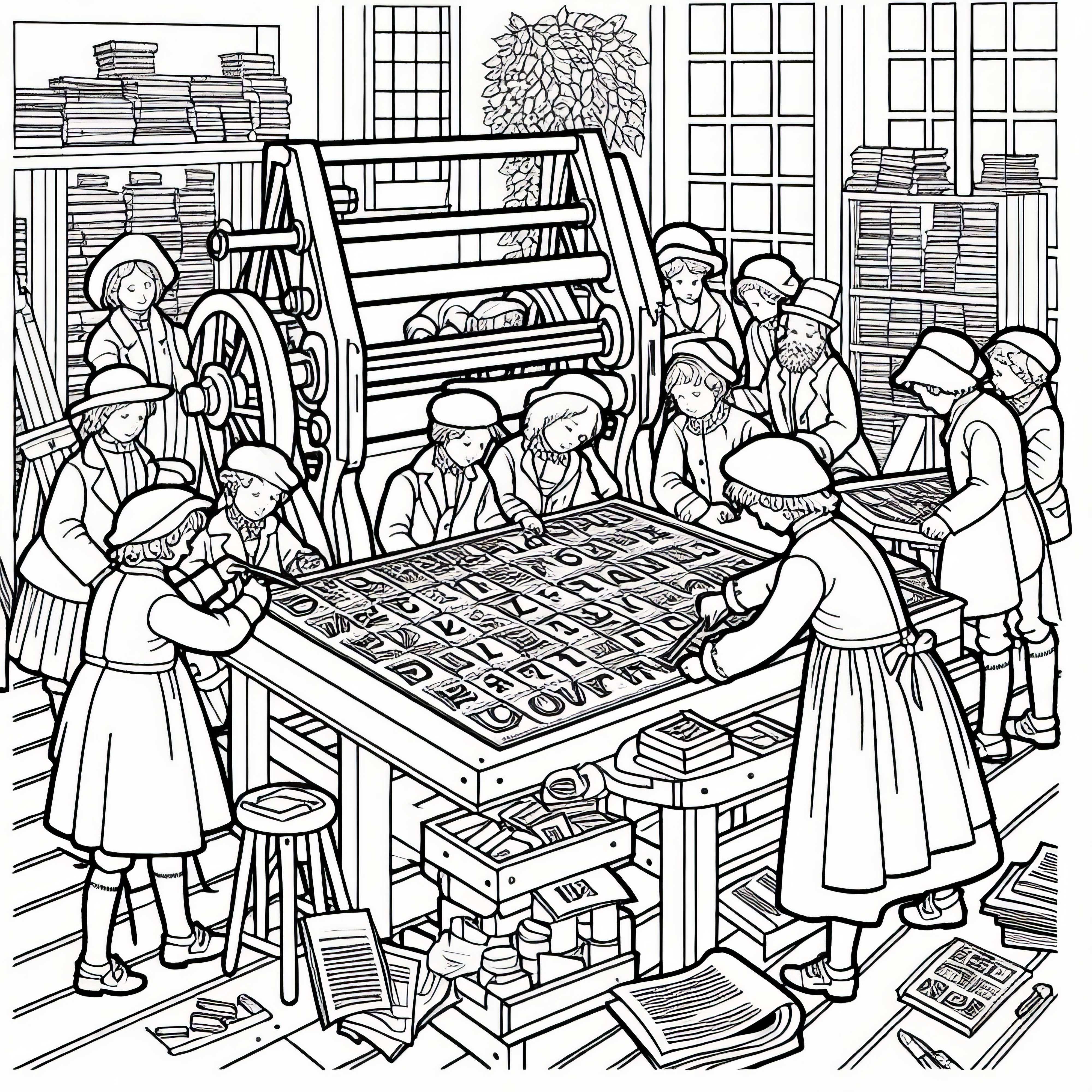 Децата слагат букви в печатарска плоча – безплатна оцветяваща страница за печат Децата слагат букви в печатна форма – Безплатен рисуващ лист за книгоиздаване