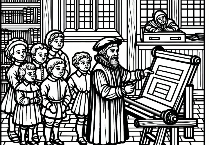 Гутенберг показывает напечатанную страницу – Раскраска "Печатный станок" бесплатно