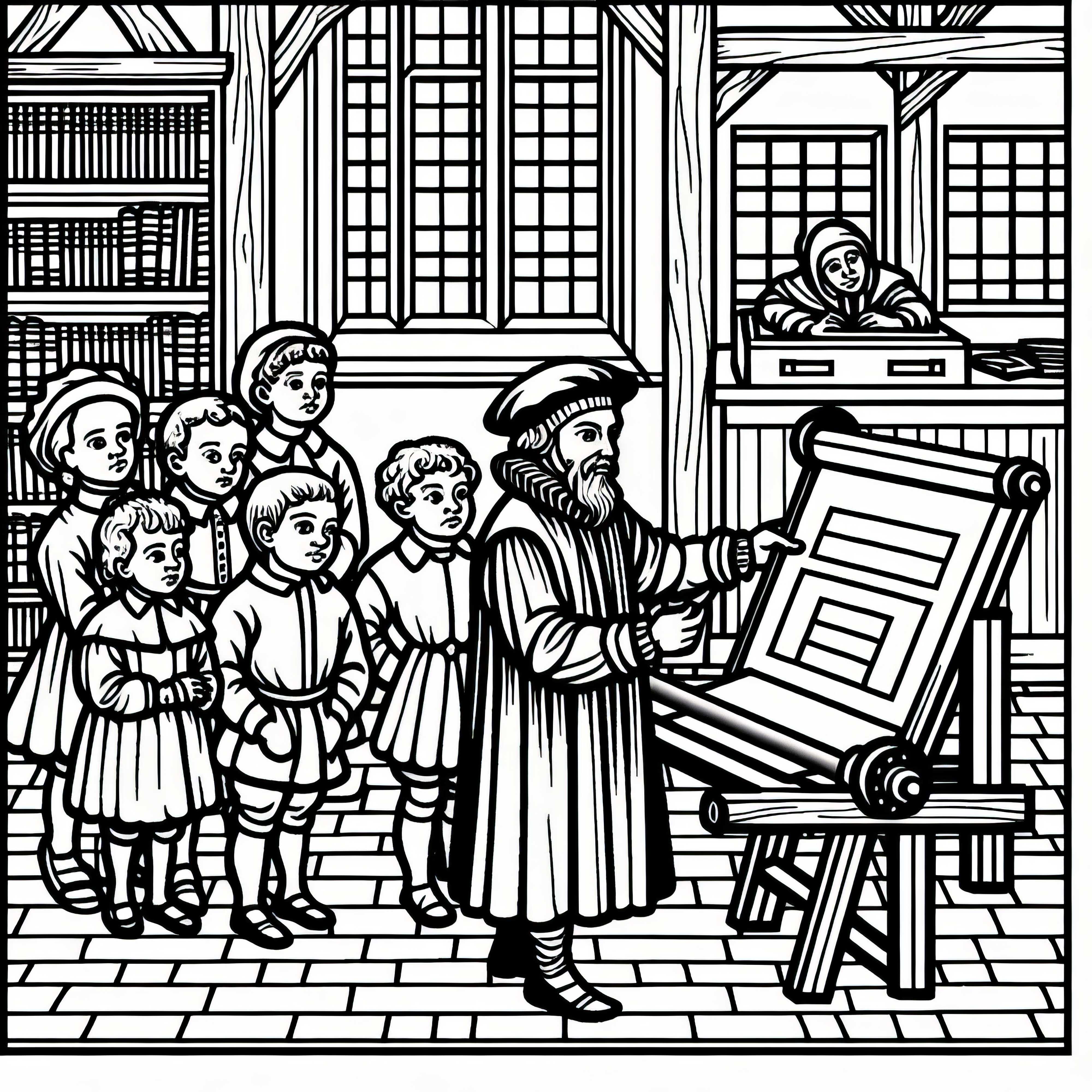 Гутенберг показва печатна страница – безплатна разцветка страница за печат Гутенберг показва отпечатана страница - Безплатна схема за оцветяване на книгопечатане