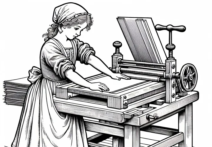 Девочка тестирует деревянный пресс с листом – бесплатная раскраска для книжной печати