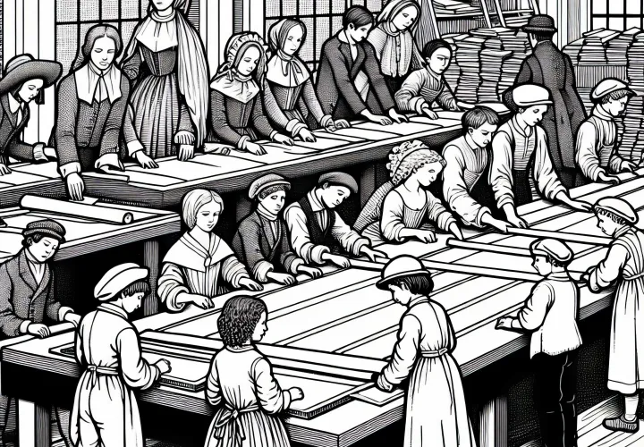 Люди сортируют страницы книг на большом столе – Раскраска по теме печати книг бесплатно