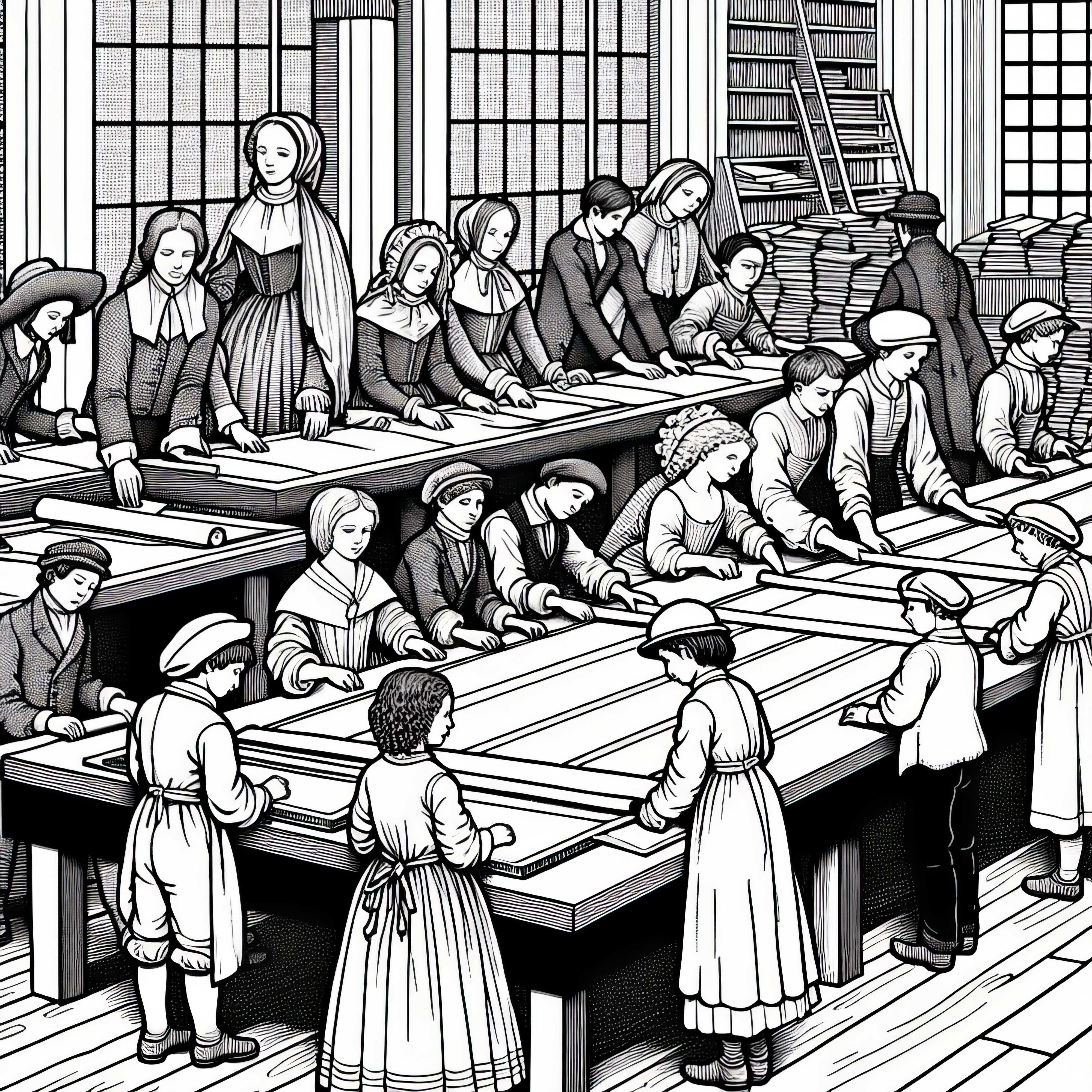 Хора подреждат страници на книга на голяма маса – Оцветяваща рисунка на печат на книги безплатно Хора сортират страници от книги на голяма маса –безплатна рисунка за оцветяване „Печат на книги“