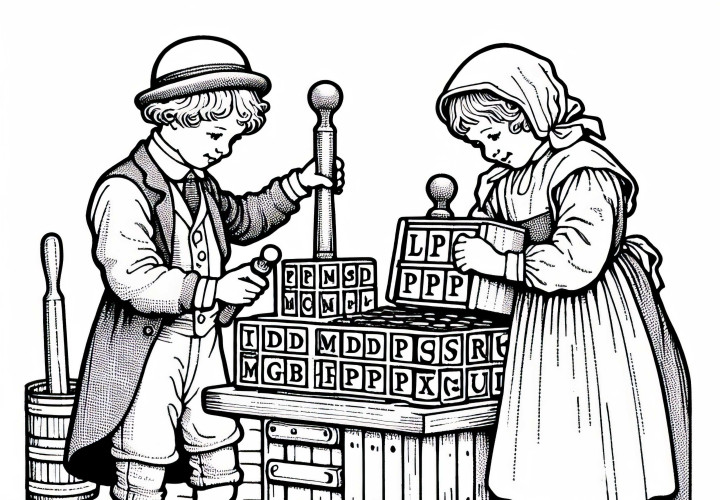 Zwei Kinder mit Buchstaben und Stempel – Malvorlage Buchdruck kostenlos