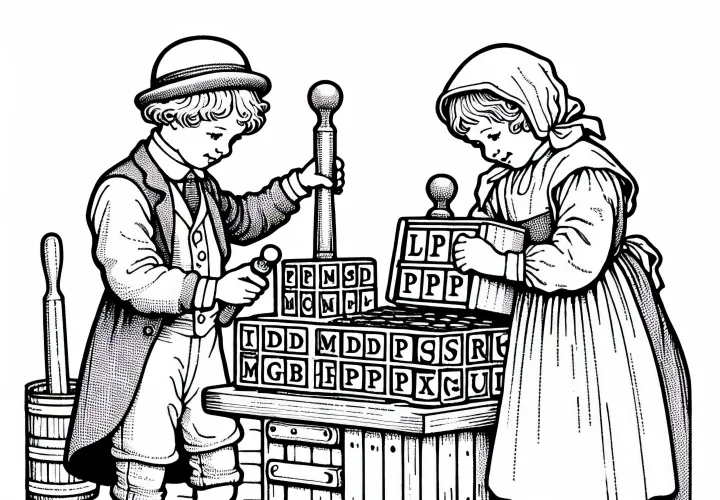 Zwei Kinder mit Buchstaben und Stempel – Malvorlage Buchdruck kostenlos