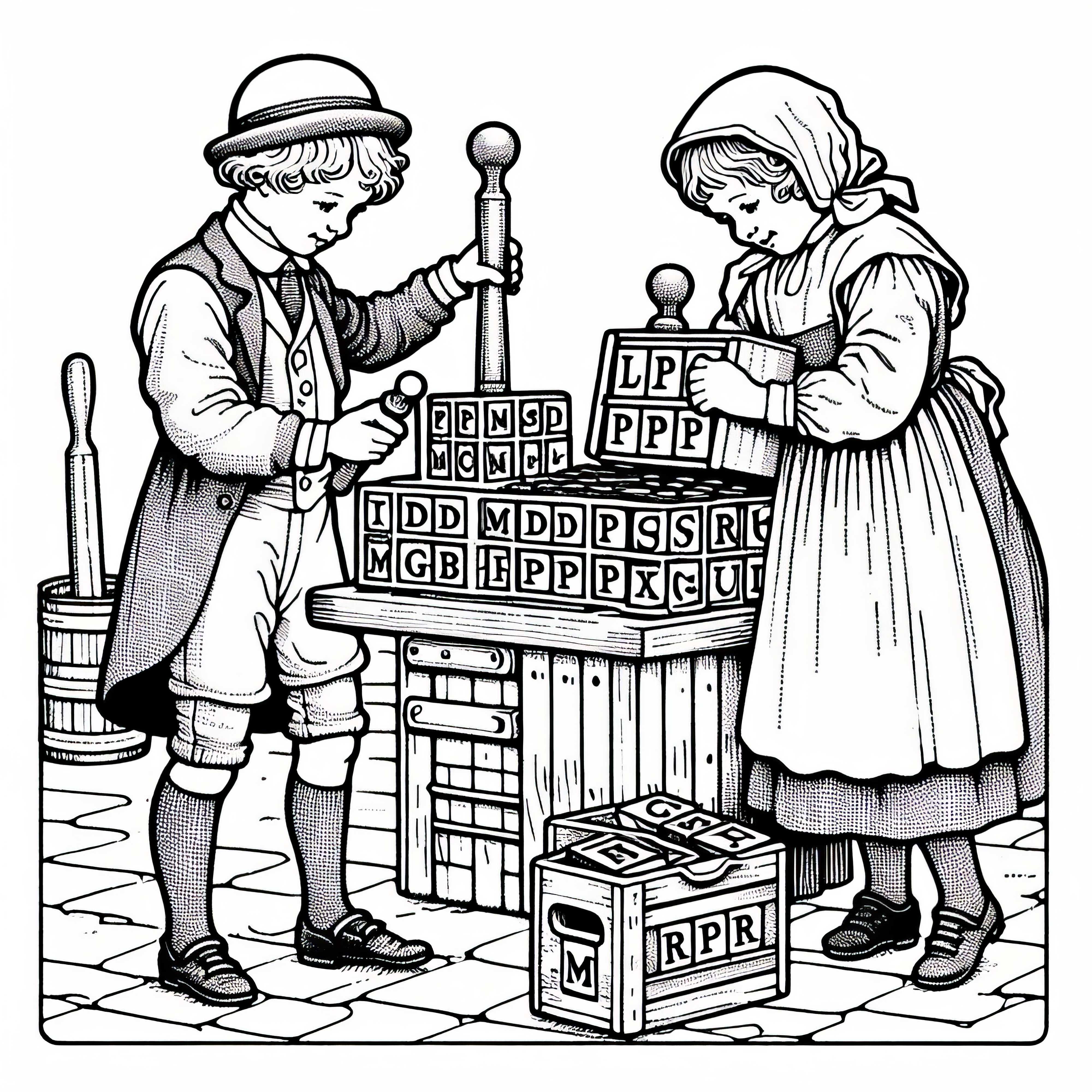 Zwei Kinder mit Buchstaben und Stempel &ndash; Malvorlage Buchdruck kostenlos