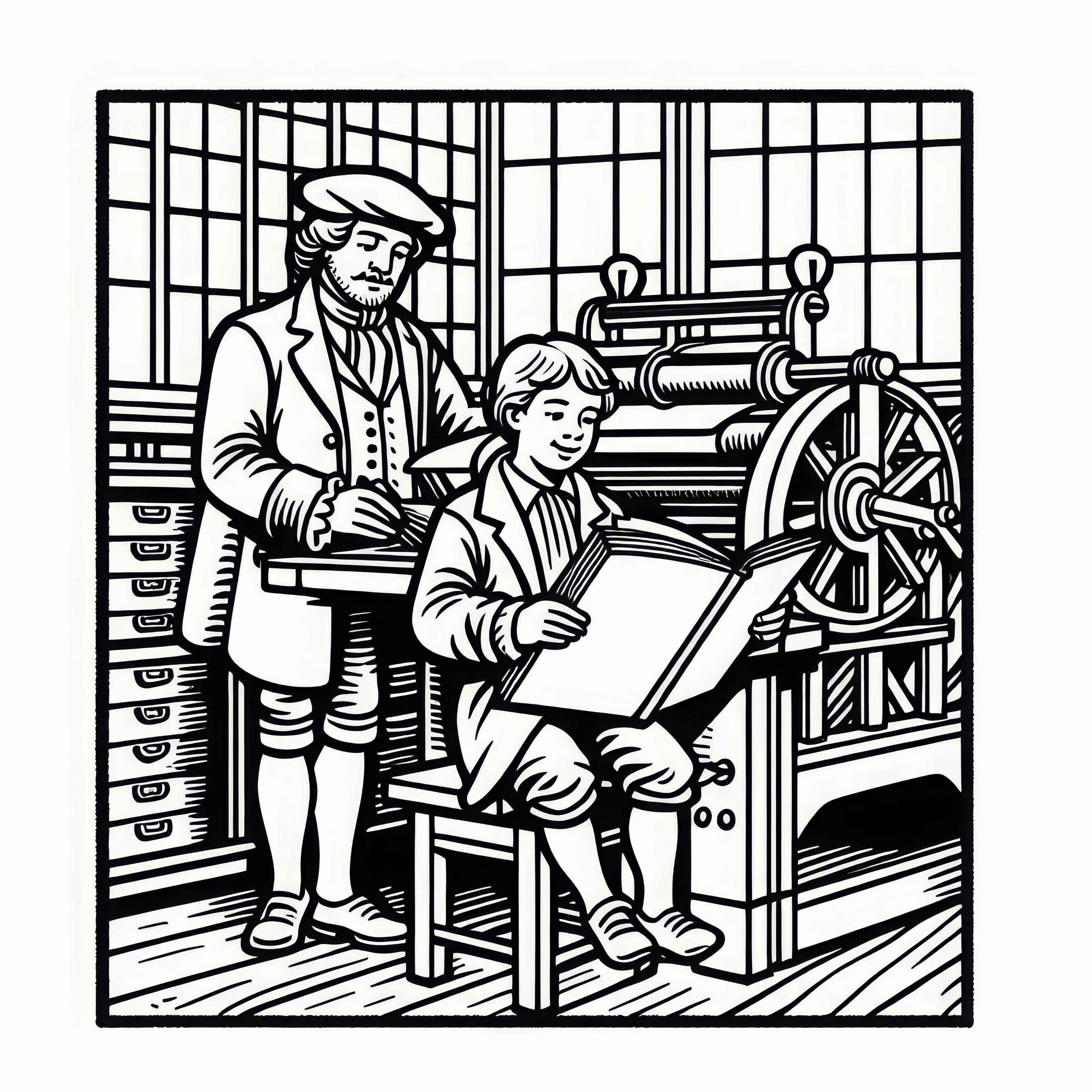 Момче с гордост чете от току-що отпечатана книга – Безплатен шаблон за оцветяване на печатна книга Момчето гордо чете от току-що отпечатаната книга – безплатен шаблон за оцветяване „Книгопечат“