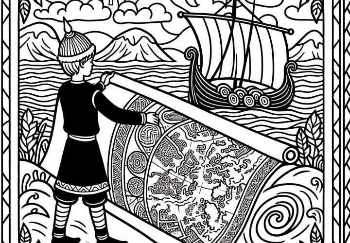 Junge rollt Seekarte mit Route nach Vinland aus Malvorlage Wikingerentdeckungen Gratis