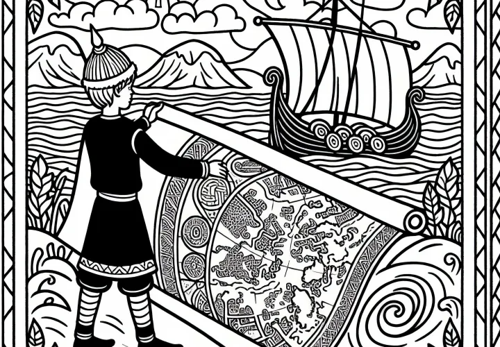 Junge rollt Seekarte mit Route nach Vinland aus Malvorlage Wikingerentdeckungen Gratis