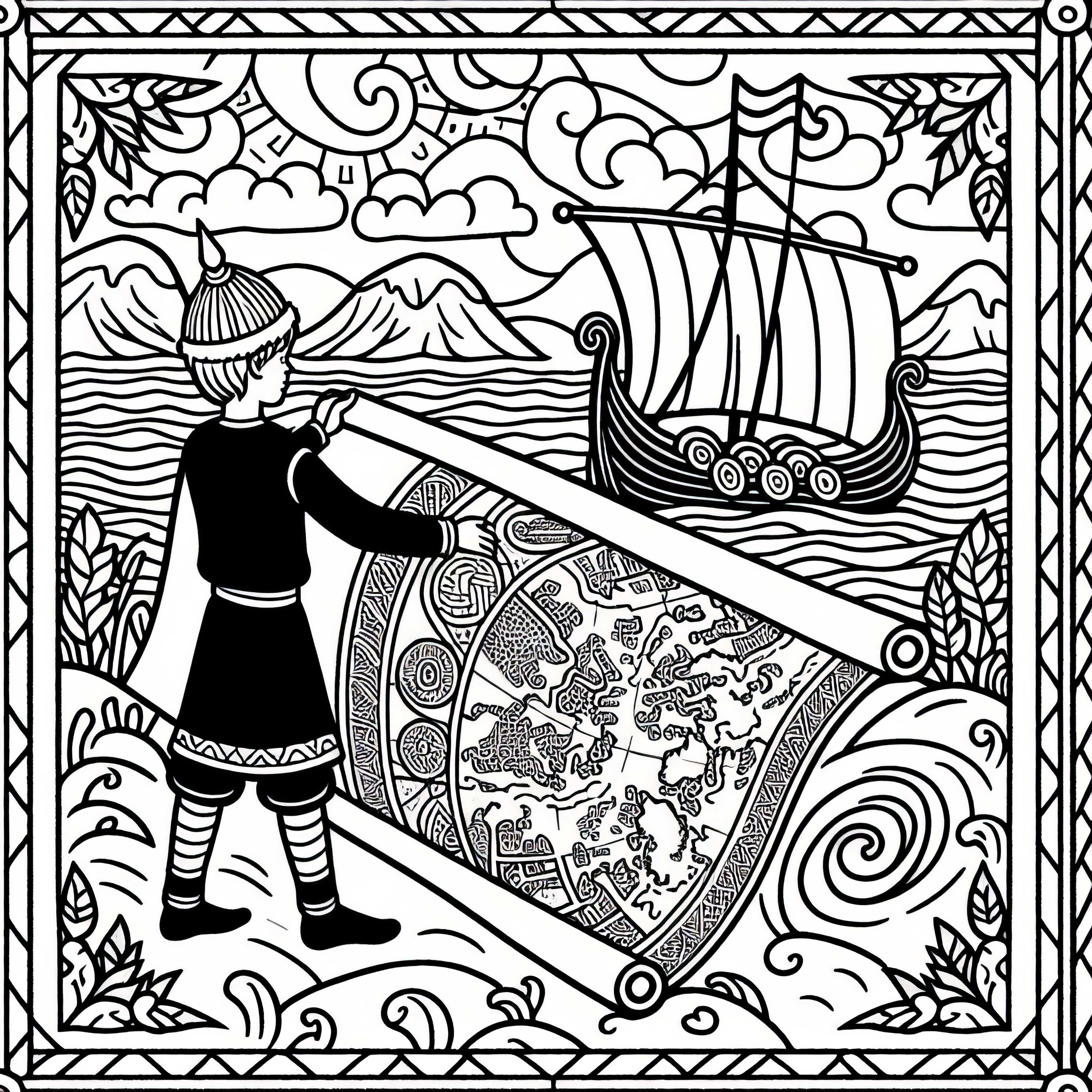 Junge rollt Seekarte mit Route nach Vinland aus Malvorlage Wikingerentdeckungen Gratis