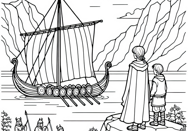 Barn står vid klippan och tittar på ett vikingaskepp – Målarbild om vikingaupptäckter gratis