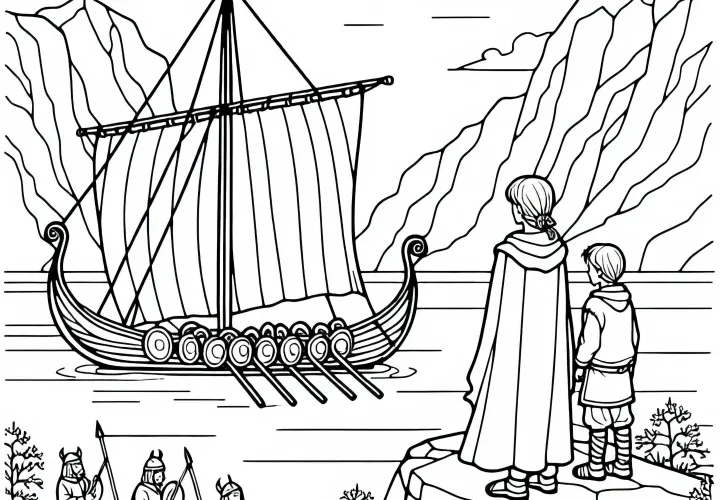 Дети стоят на утесе и смотрят на викингский корабль – раскраска «Виктория викингов» бесплатно