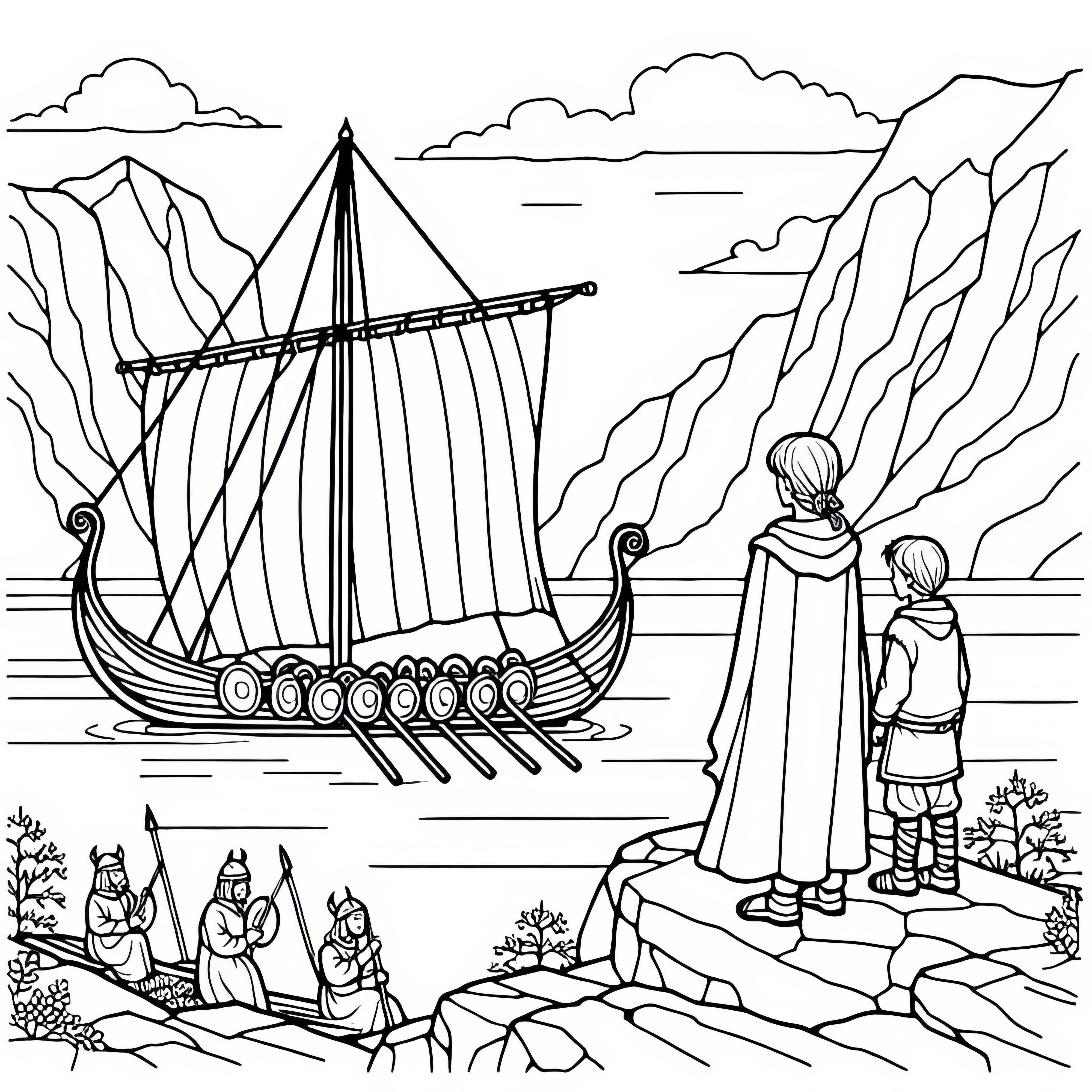 Barn står vid klippan och tittar på en vikingabåt – Målarbild Vikingaupptäckter gratis