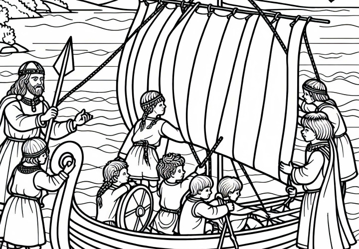 Barn hjälper till att spänna ett segel på en båt – Målarbild Vikingupptäckter gratis