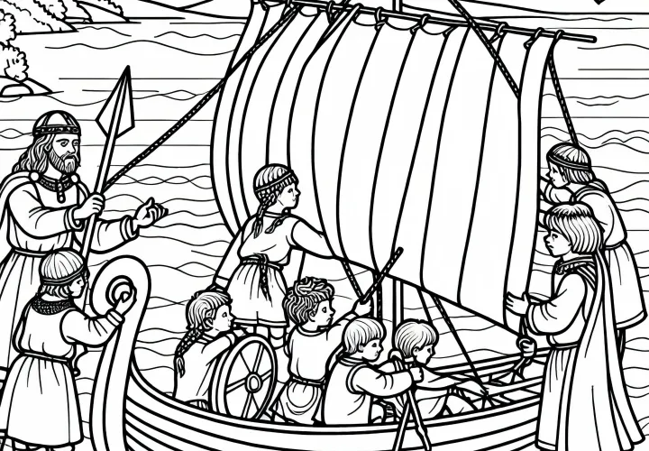 Дети помогают натянуть парус на лодке – раскраска "Викингские открытия" бесплатно