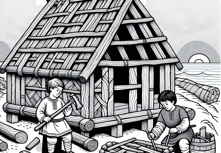 Två pojkar bygger långhus – Målarbild Vikingaupptäckter gratis