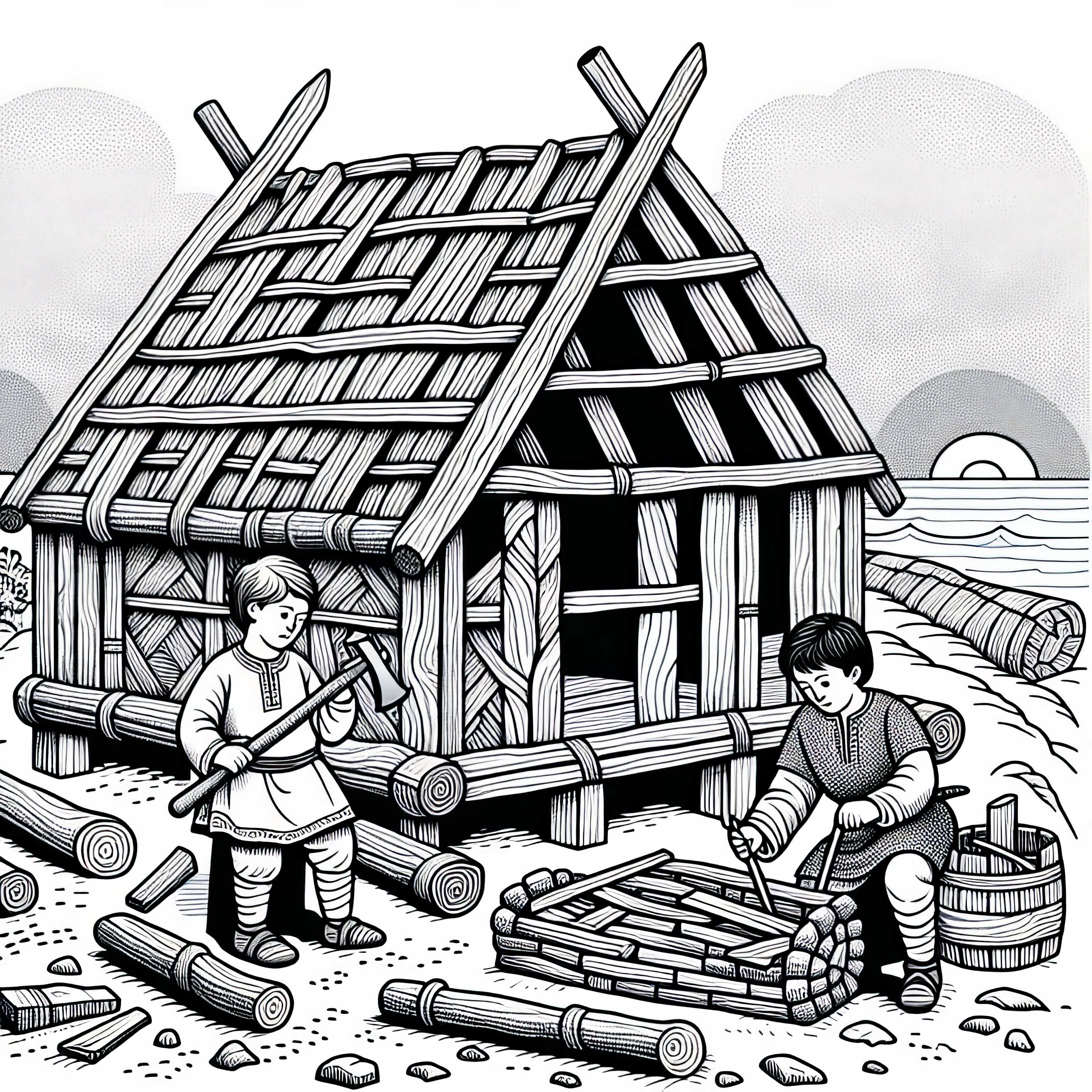 Två pojkar bygger långhus – Målarblandning vikingaupptäckter gratis Två pojkar bygger långhus – målarbok vikingaupptäckter gratis