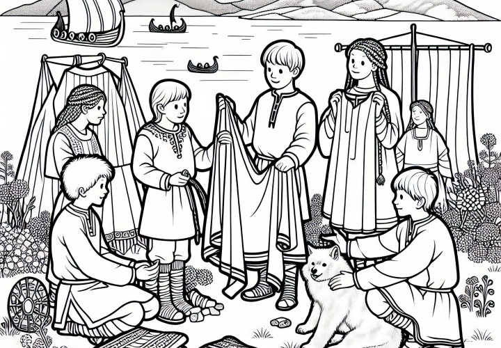 Människor byter varor – Gratis nedladdning av färgläggningsbild om vikingaupptäckter