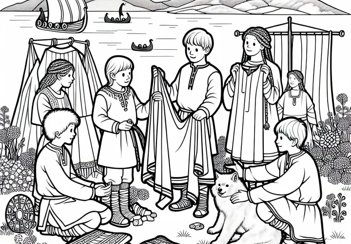 Люди обмениваются товарами – Раскраска по теме викингских открытий скачать бесплатно