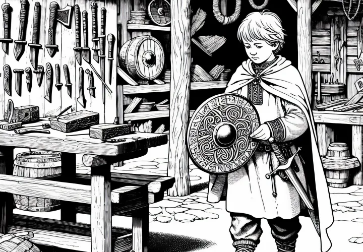 Ребенок держит щит с рунами у мастерской – раскраска «Скандинавские открытия» бесплатно