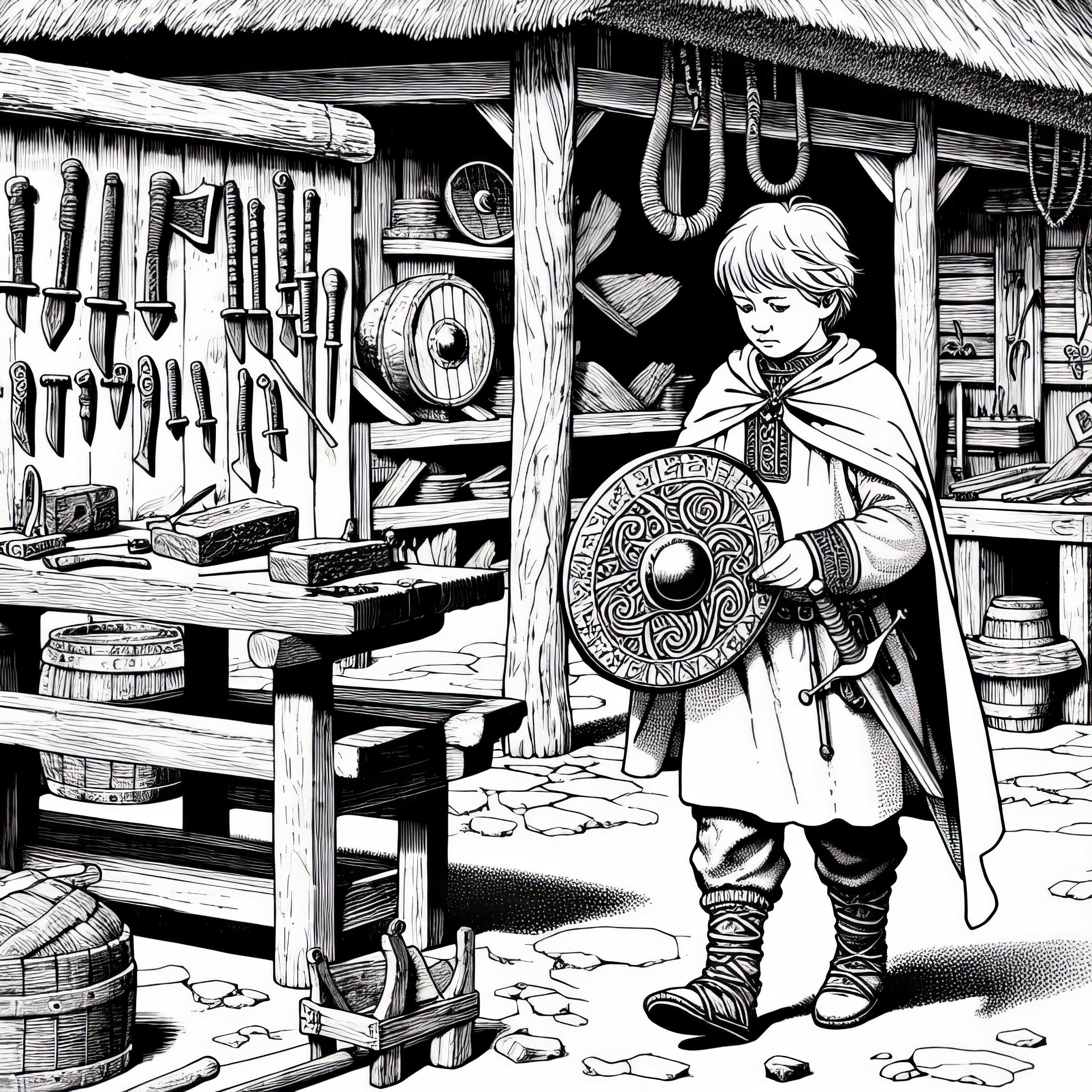 Barn bär sköld med runor till verkstaden – Målarbild vikingupptäckter gratis Barn bär ett skylt med runor till verkstaden – Målarbild vikingaupptäckter gratis