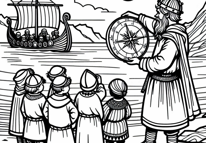 Barn observerar sjöman som mäter solens ställning – Målarblad vikingaupptäckter gratis