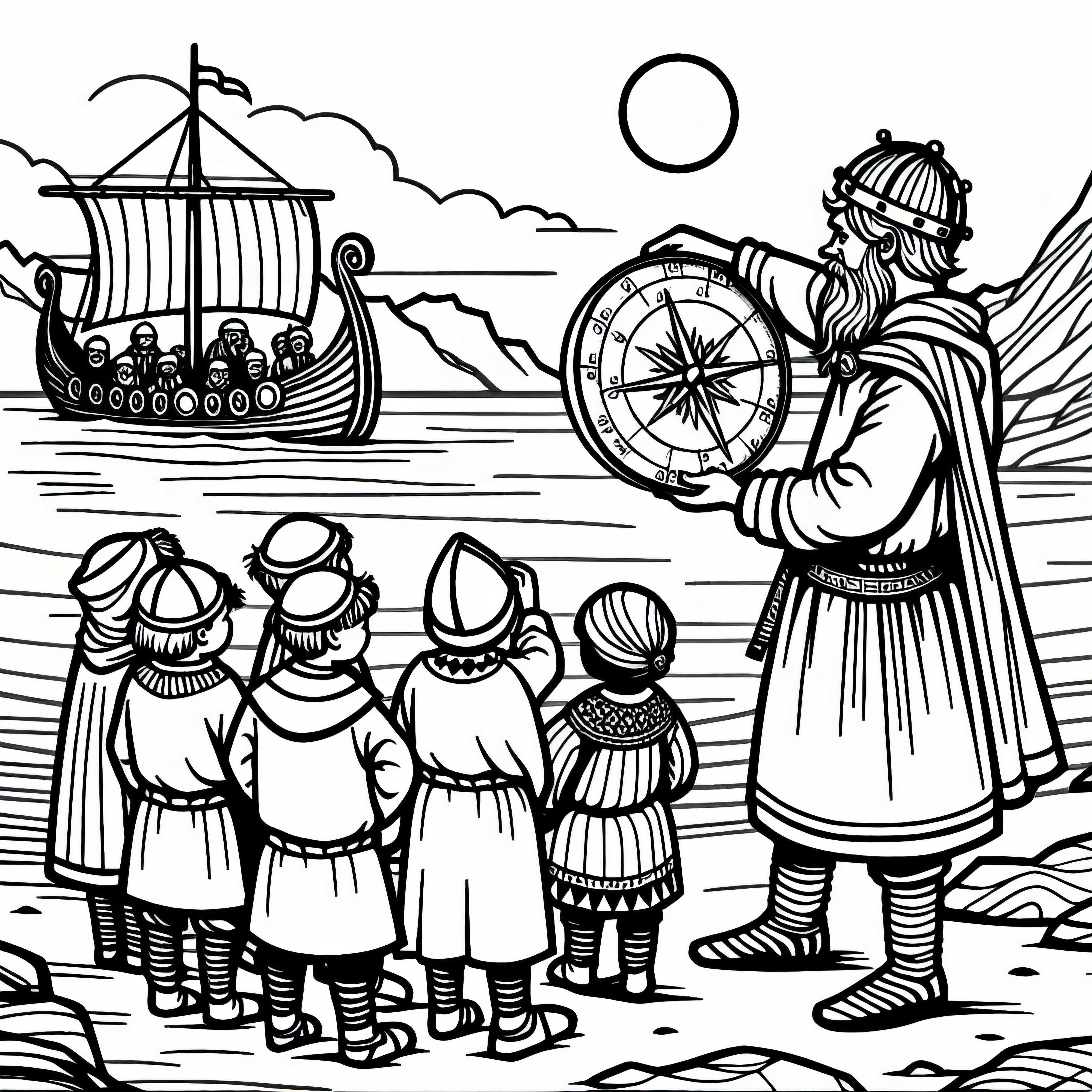 Barn observerar sjöman som mäter solens position – gratis målarbild av vikingaupptäckter Barn observerar sjöman som mäter solens läge – Målarbok vikingupptäckter gratis