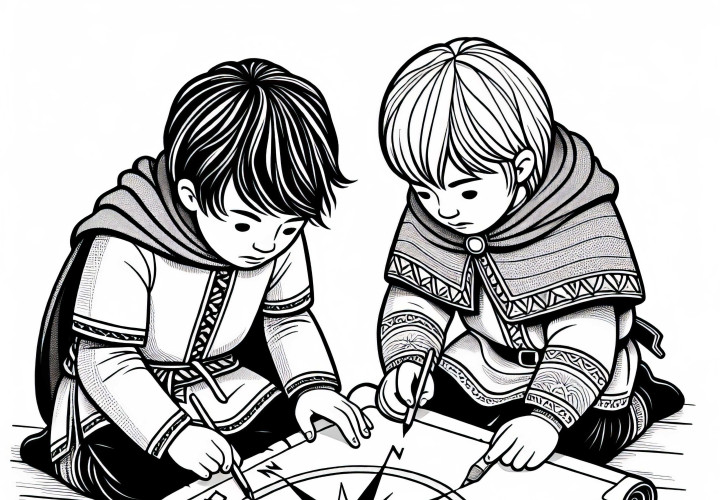 Färgläggningsbild av en kompassros på pergament för barn – gratis nedladdning av vikingupptäckter