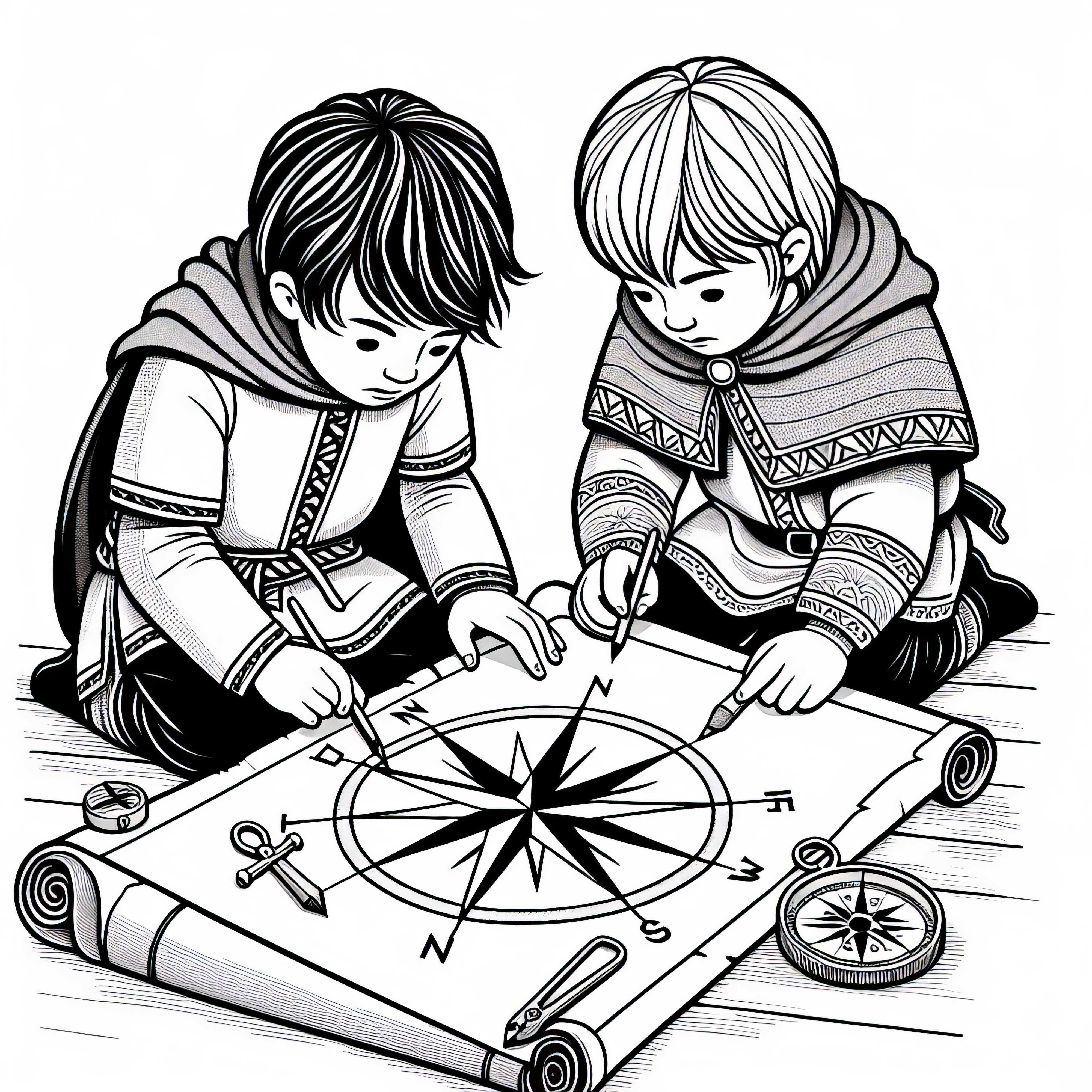 Skriv ut en ut coloring page av en kompassros på pergament för barn – Gratis nedladdning av vikingupptäckter