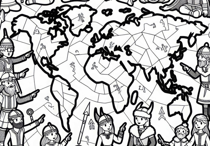 Coloring page of Vikings and world map – Download Viking discoveries for free