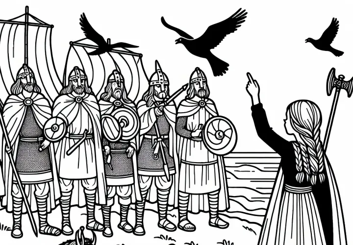 Девочка рассказывает историю о Винланде – бесплатная раскраска викингов-исследователей