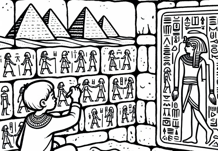Pyramiderne i Giza i Egypten - Barn tegner hieroglyffer på væggen - Malerark verdensunder gratis