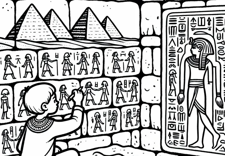 Пирамиды Гизы в Египте - Ребенок рисует иероглифы на стене - Раскраска Чудеса света бесплатно