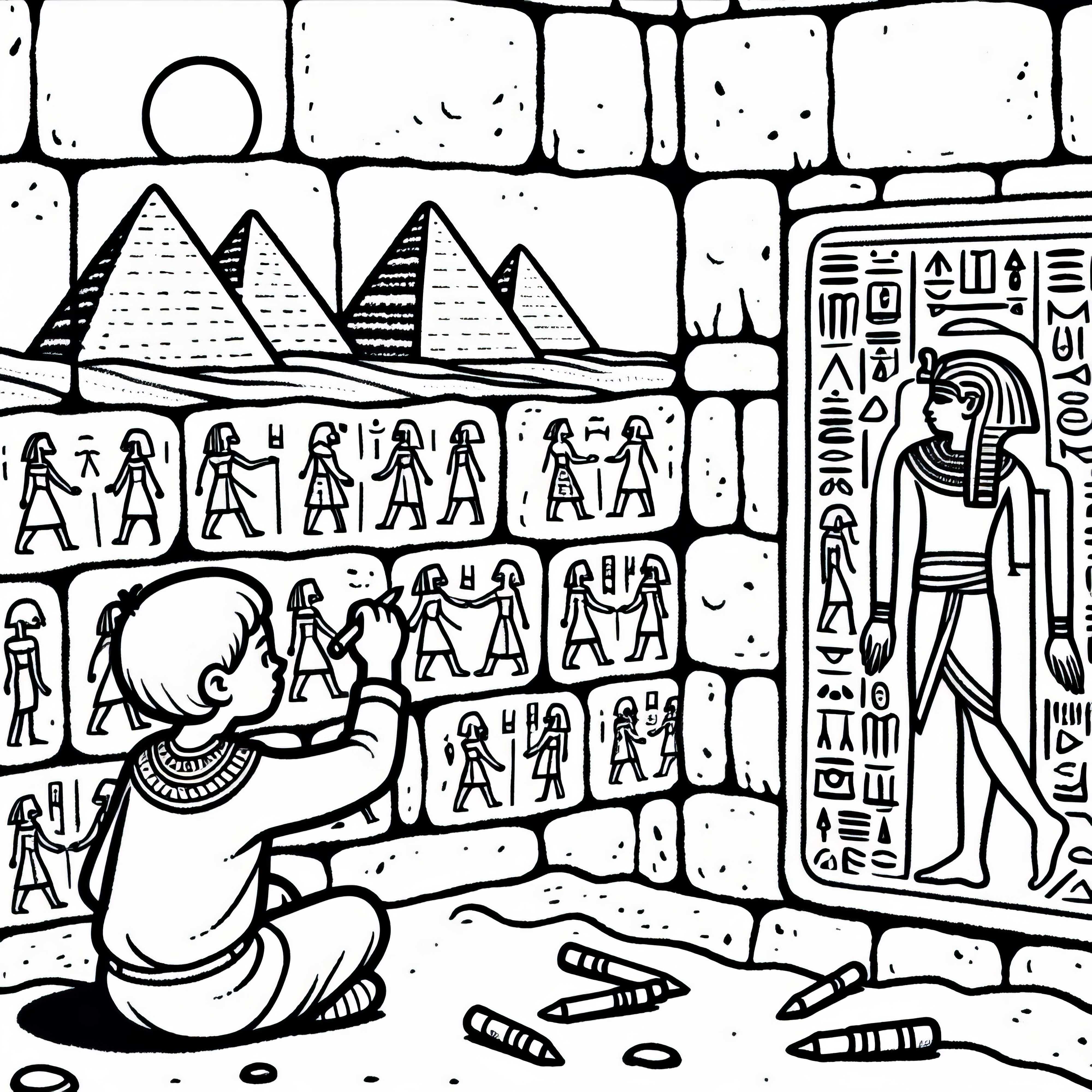 Pyramiderne i Giza i Egypten - Barn tegner hieroglyffer på væggen - Malebog verdensunder gratis