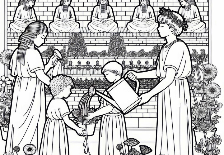 De hængende haver i Semiramis i Babylon – Børn vander blomster farvelægningsskabelon verdensunder gratis