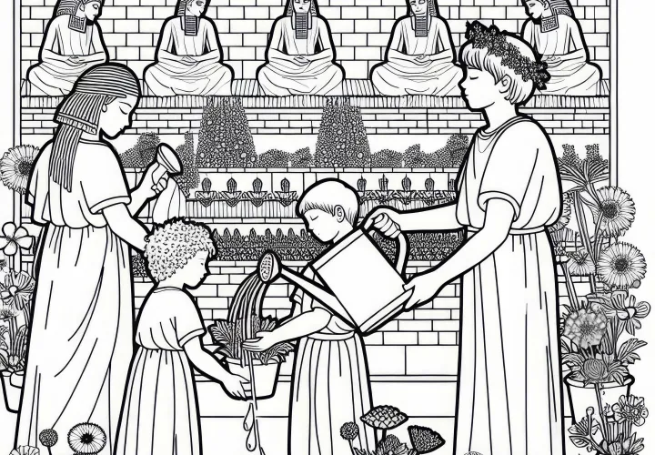 Висячие сады Семирамида в Вавилоне — раскраска для детей: поливаем цветы, бесплатное чудо света
