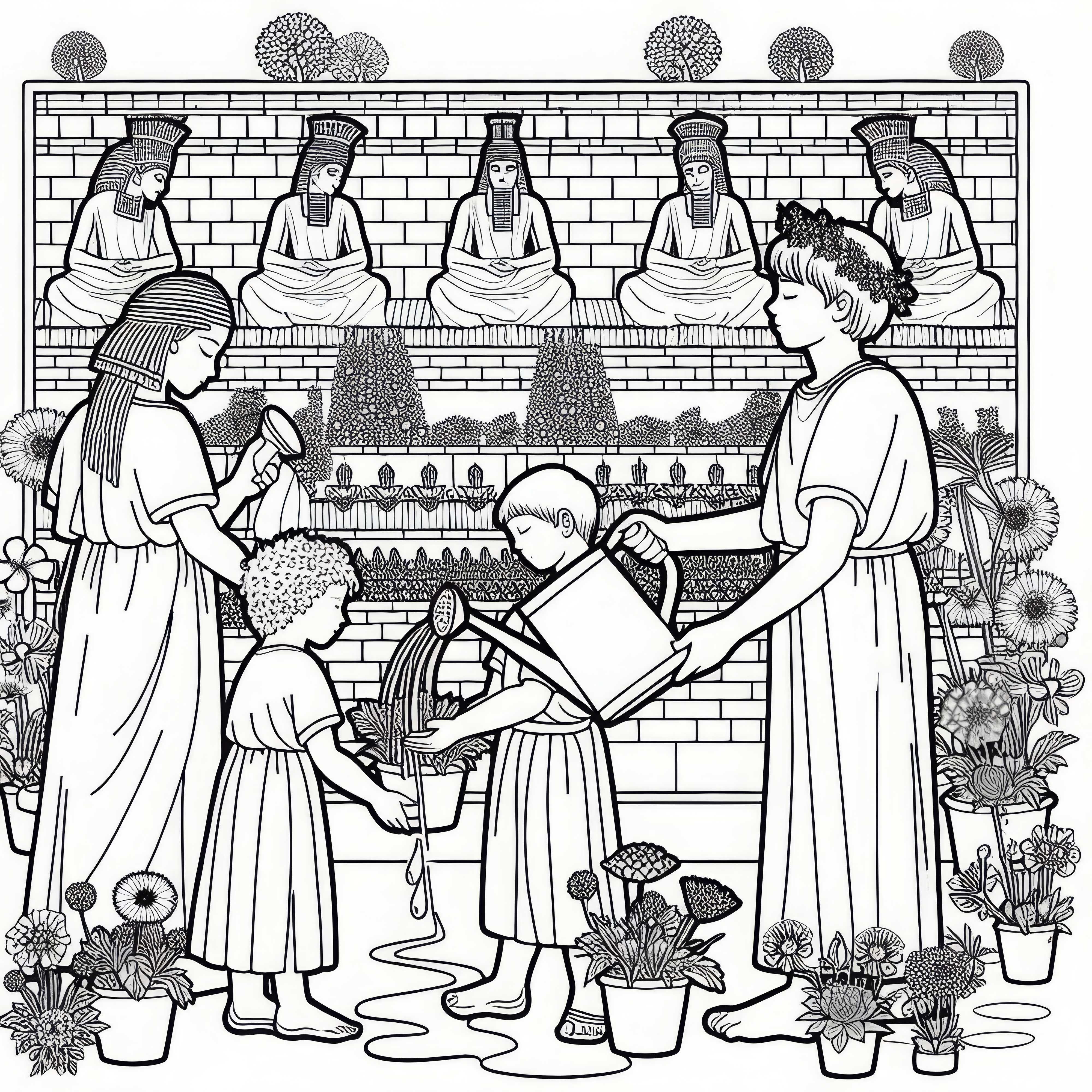 De hængende haver i Semiramis i Babylon - Børn vander blomster farvelægning verdensunder gratis
