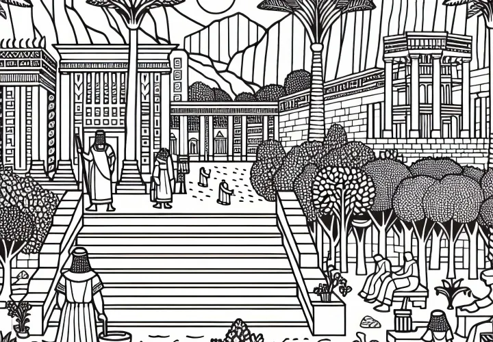 Подвешенные сады Семирамида в Вавилоне – раскраска для чудо света