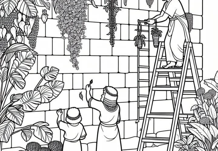 Рисунок для раскрашивания висячих садов Семирамида в Вавилоне – садовник ухаживает за растениями