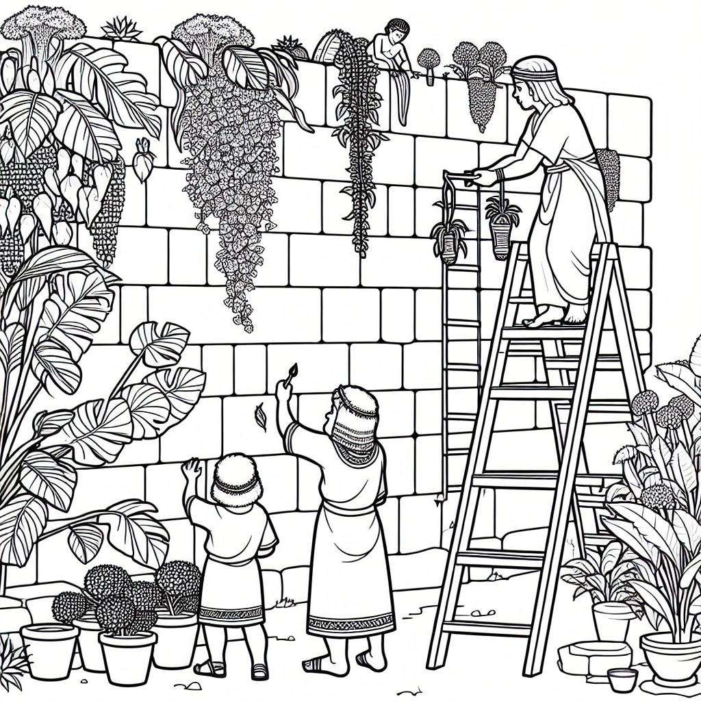 Malebillede af de hængende haver i Semiramis i Babylon – Gartner plejer planter