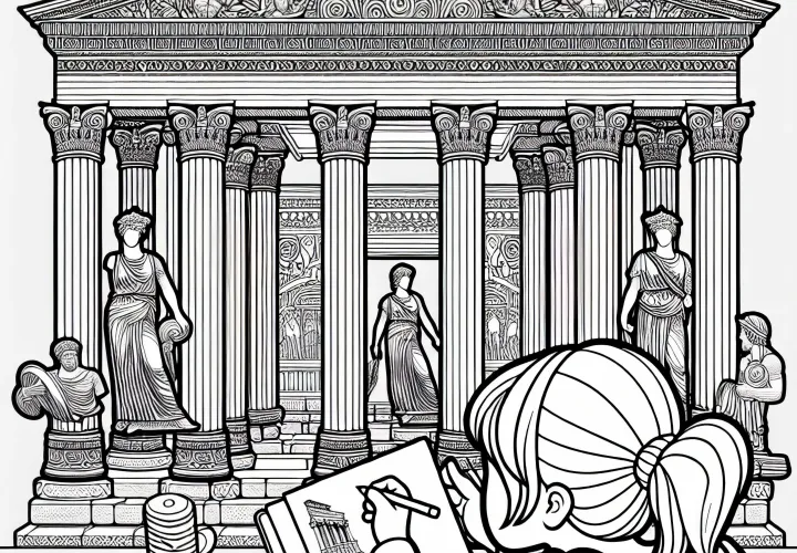 Храм Артемиды в Эфесе: девочка рисует картину храма – раскраска чудес света бесплатно